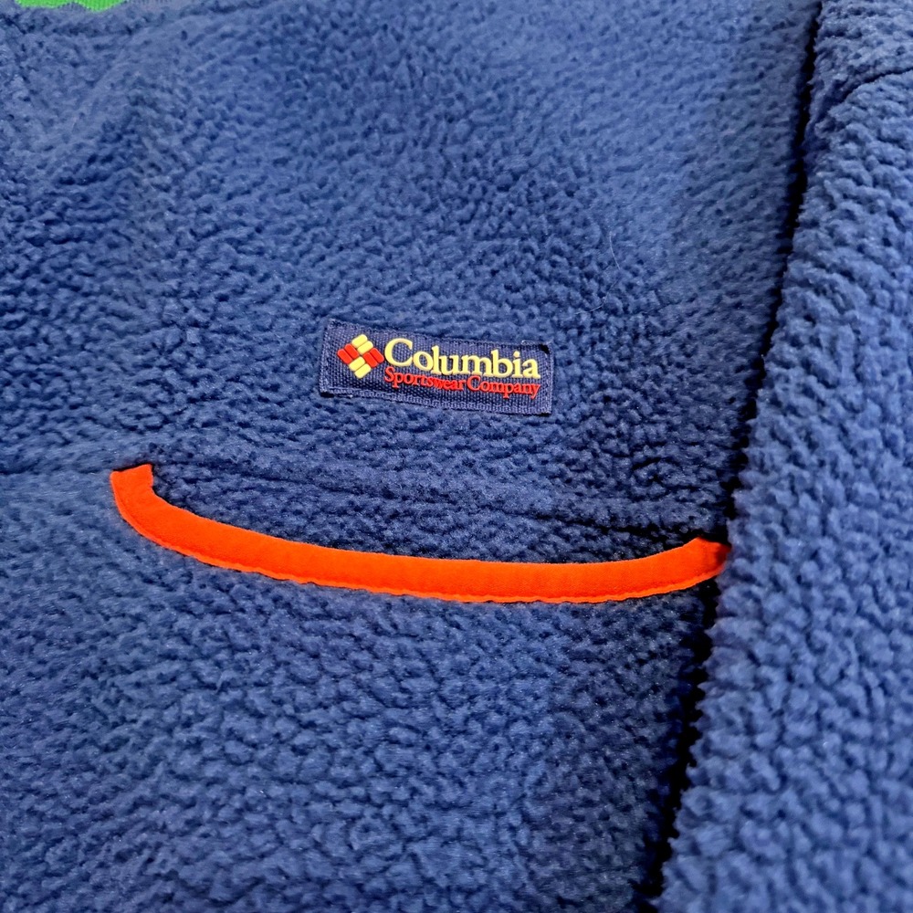 Vtg Columbia‎ fleece pullover aztec sothwestern trim neon blue L - Picture 3 of 11